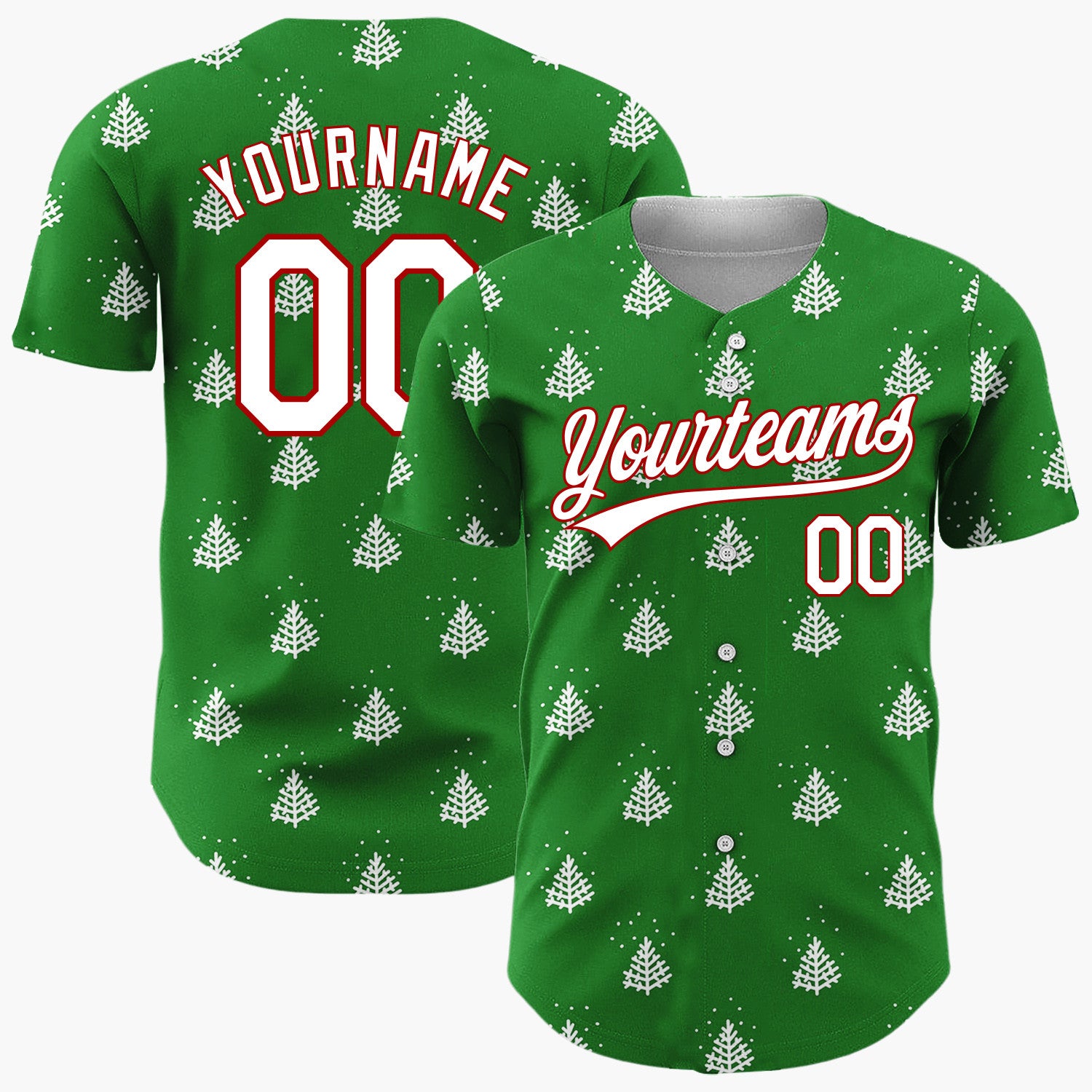 Custom Green White Stylized Pine Trees And Snow Simple Pattern Christmas Baseball Jersey