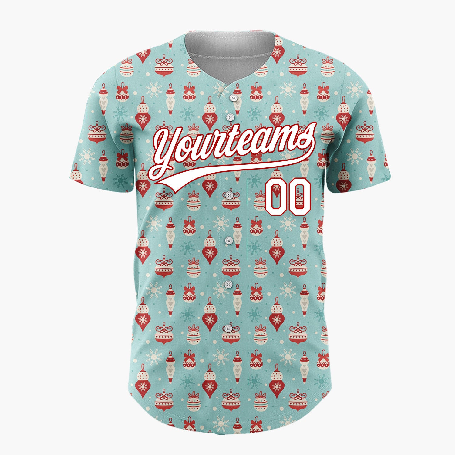 Custom Light Blue RedOrnaments And Snowflakes Vintage Winter Pattern Christmas Baseball Jersey