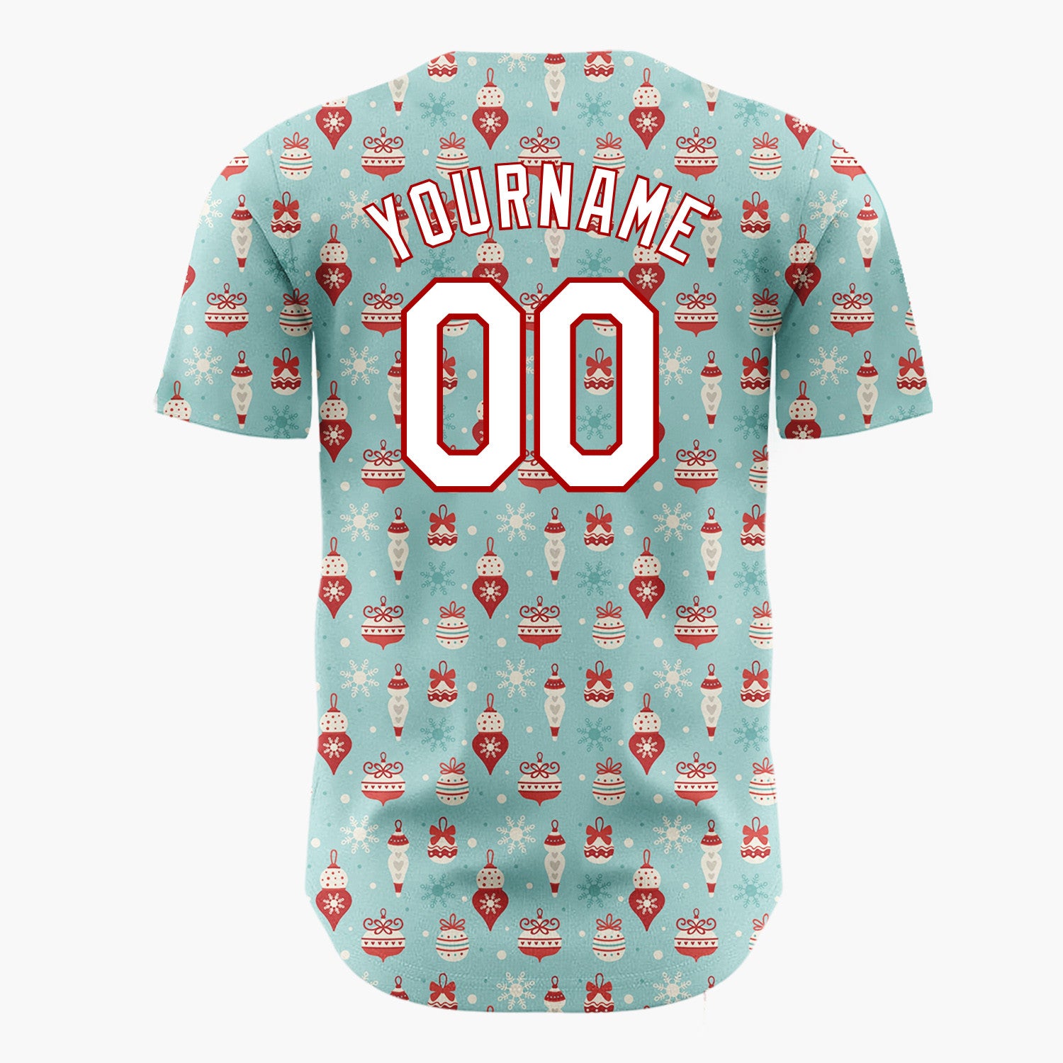 Custom Light Blue RedOrnaments And Snowflakes Vintage Winter Pattern Christmas Baseball Jersey