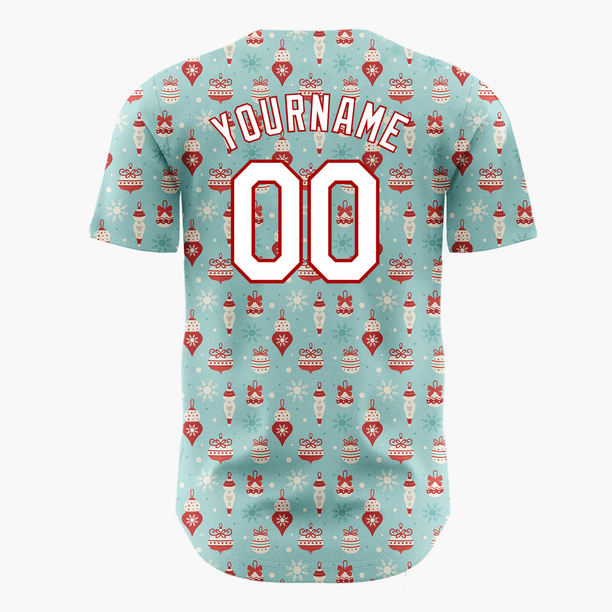 Custom Light Blue RedOrnaments And Snowflakes Vintage Winter Pattern Christmas Baseball Jersey