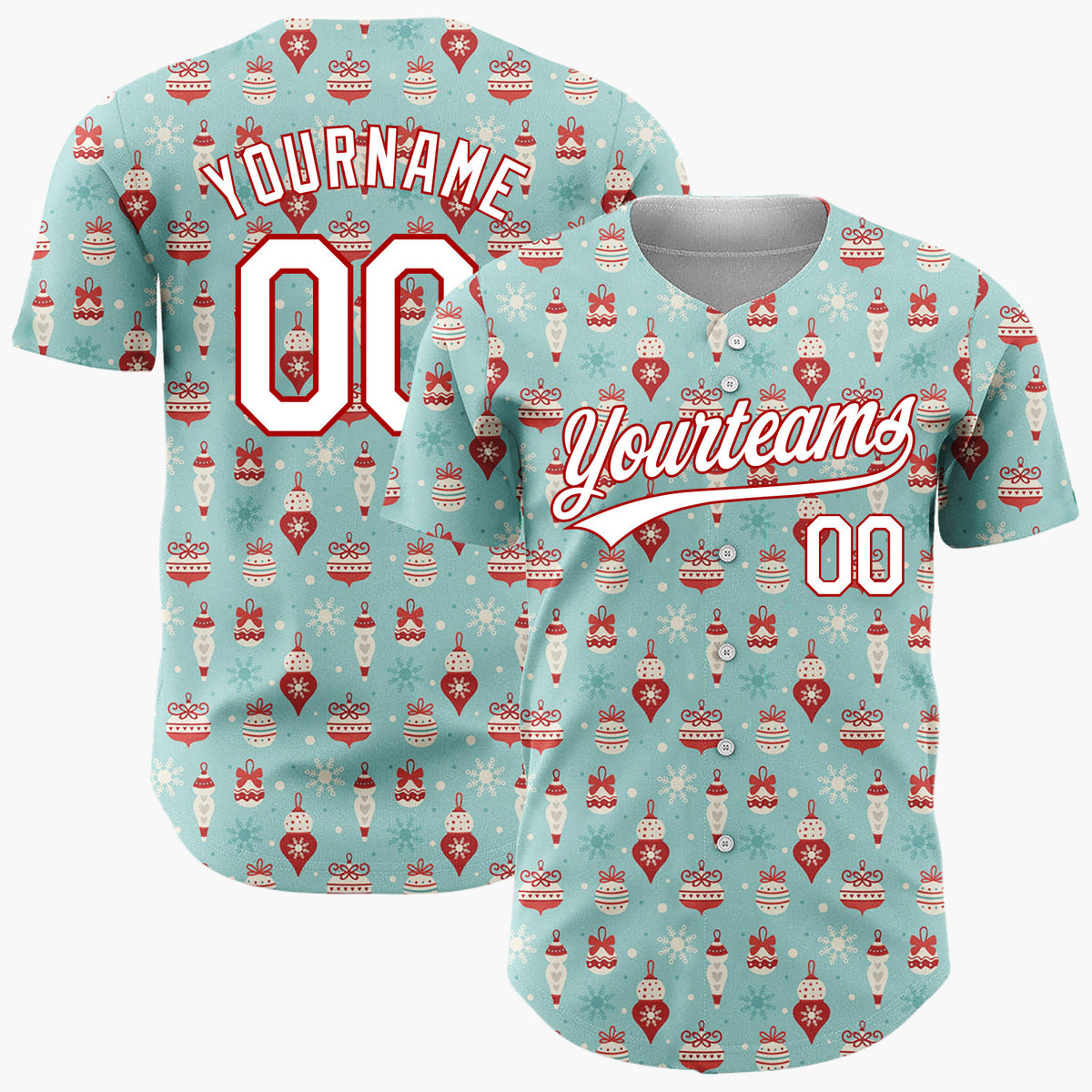 Custom Light Blue RedOrnaments And Snowflakes Vintage Winter Pattern Christmas Baseball Jersey
