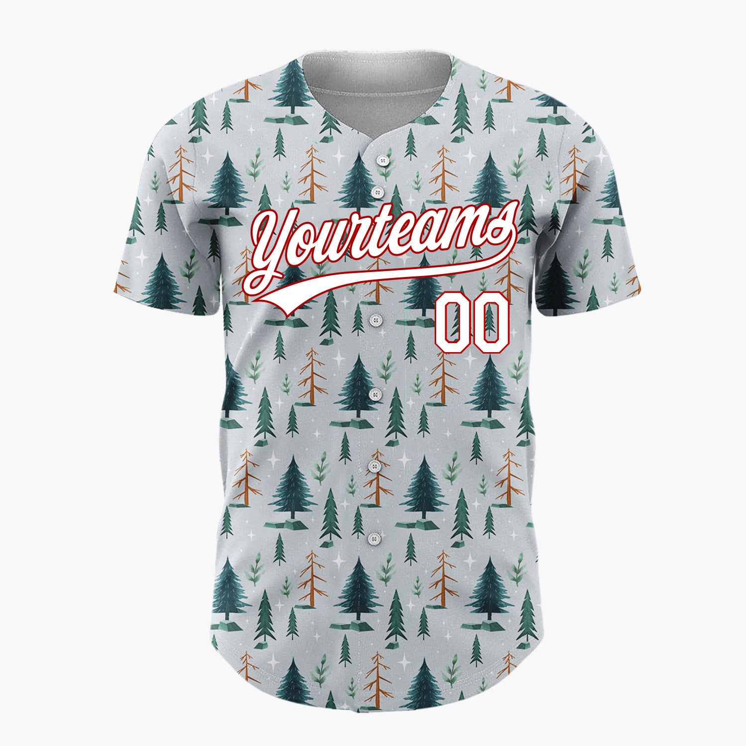Custom Gray Pine Fir Trees Winter Woodland Pattern Christmas Baseball Jersey