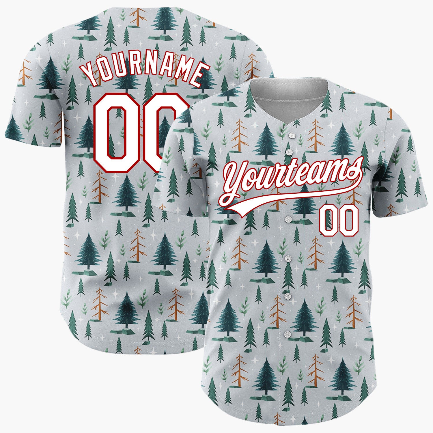 Custom Gray Pine Fir Trees Winter Woodland Pattern Christmas Baseball Jersey