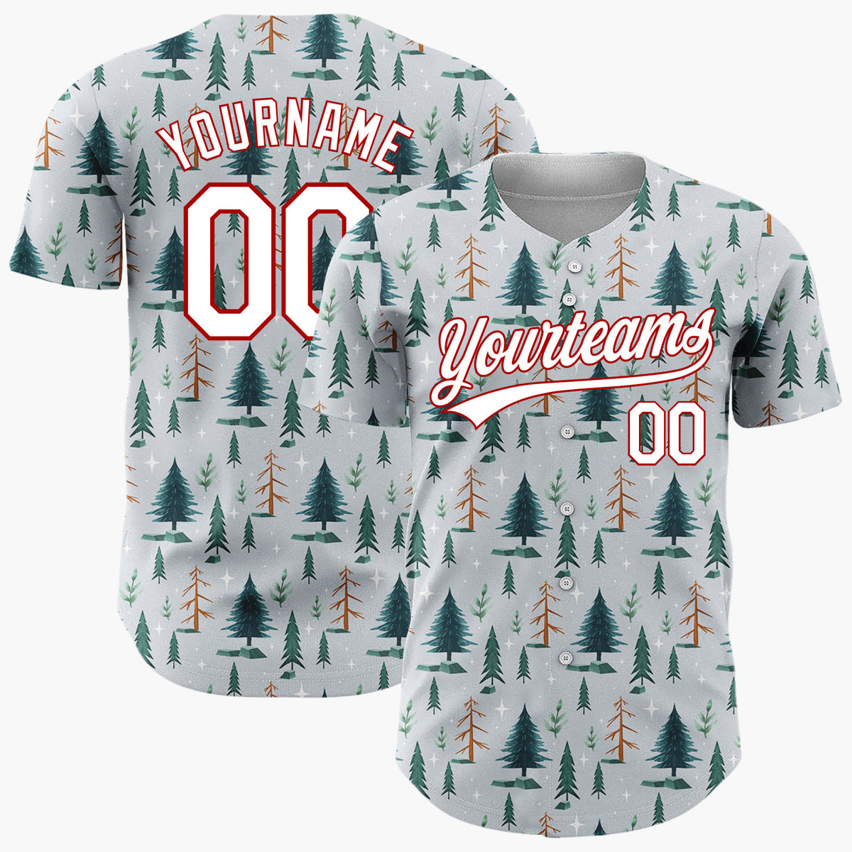 Custom Gray Pine Fir Trees Winter Woodland Pattern Christmas Baseball Jersey