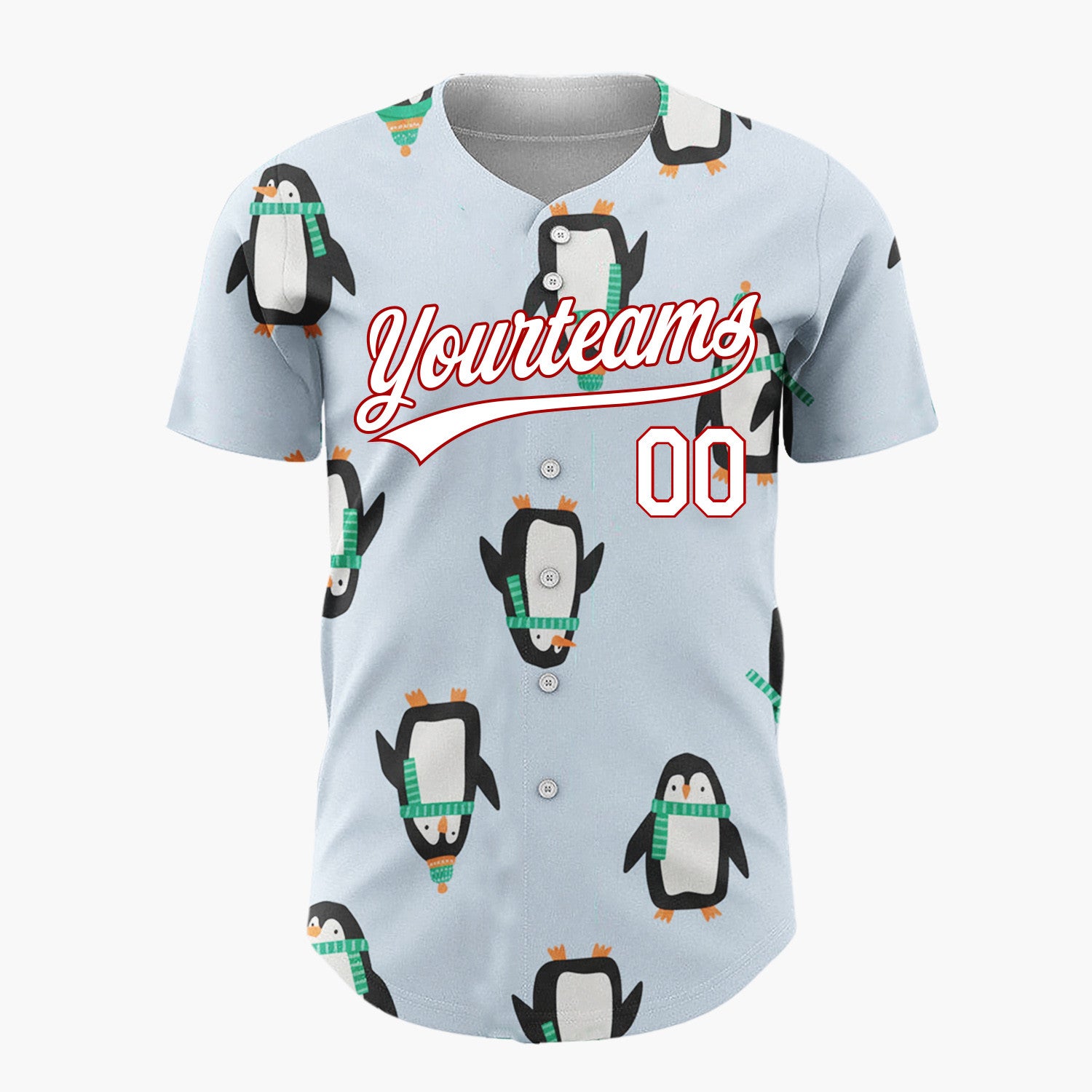 Custom Light Blue Penguins With Green Scarves Fun Winter Pattern Christmas Baseball Jersey