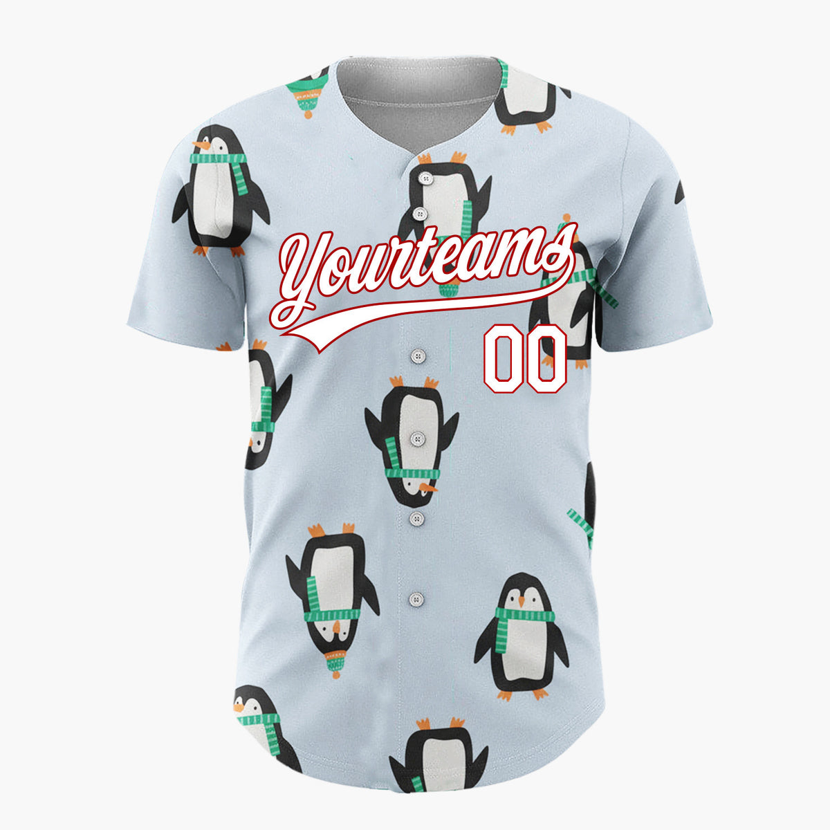 Custom Light Blue Penguins With Green Scarves Fun Winter Pattern Christmas Baseball Jersey