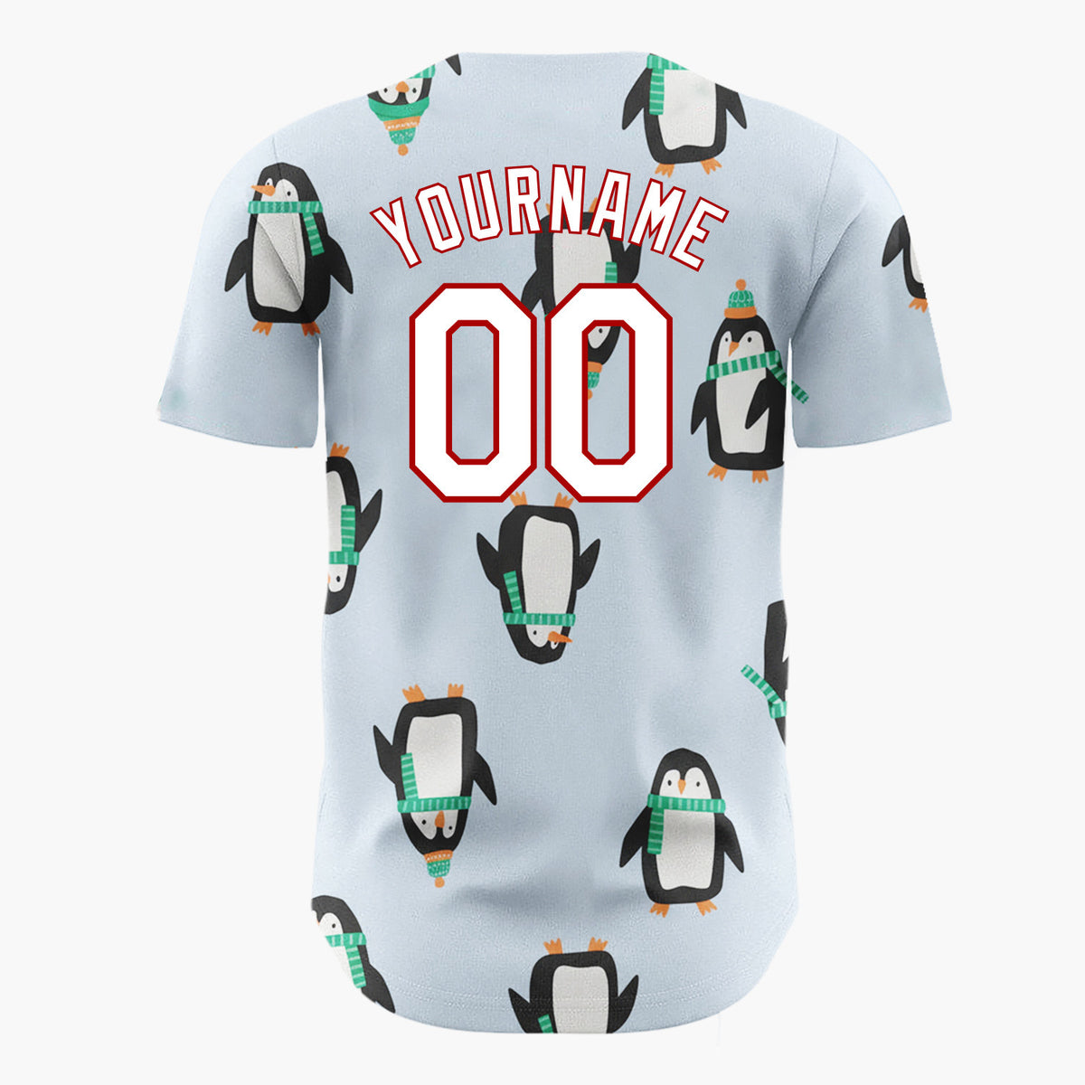 Custom Light Blue Penguins With Green Scarves Fun Winter Pattern Christmas Baseball Jersey