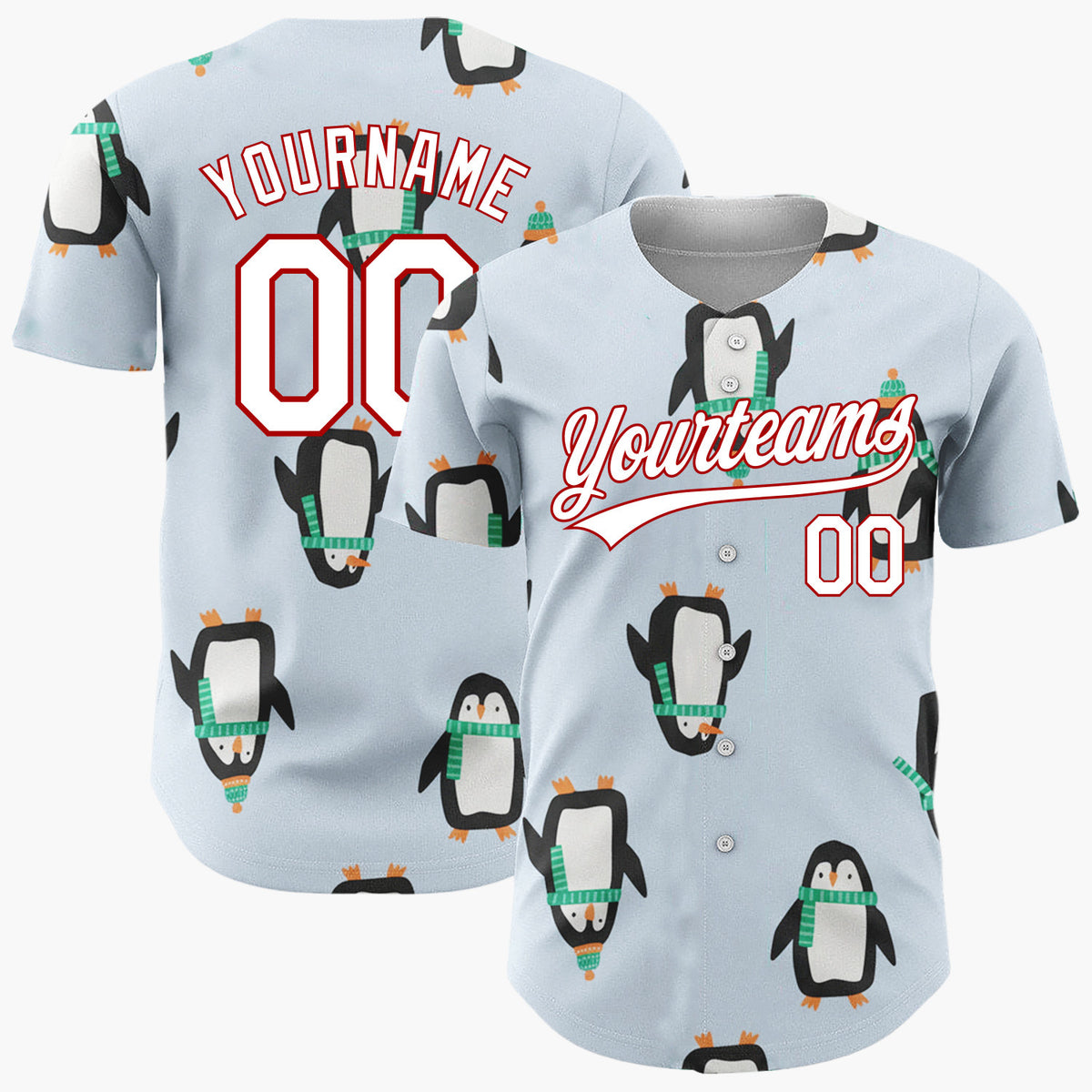 Custom Light Blue Penguins With Green Scarves Fun Winter Pattern Christmas Baseball Jersey
