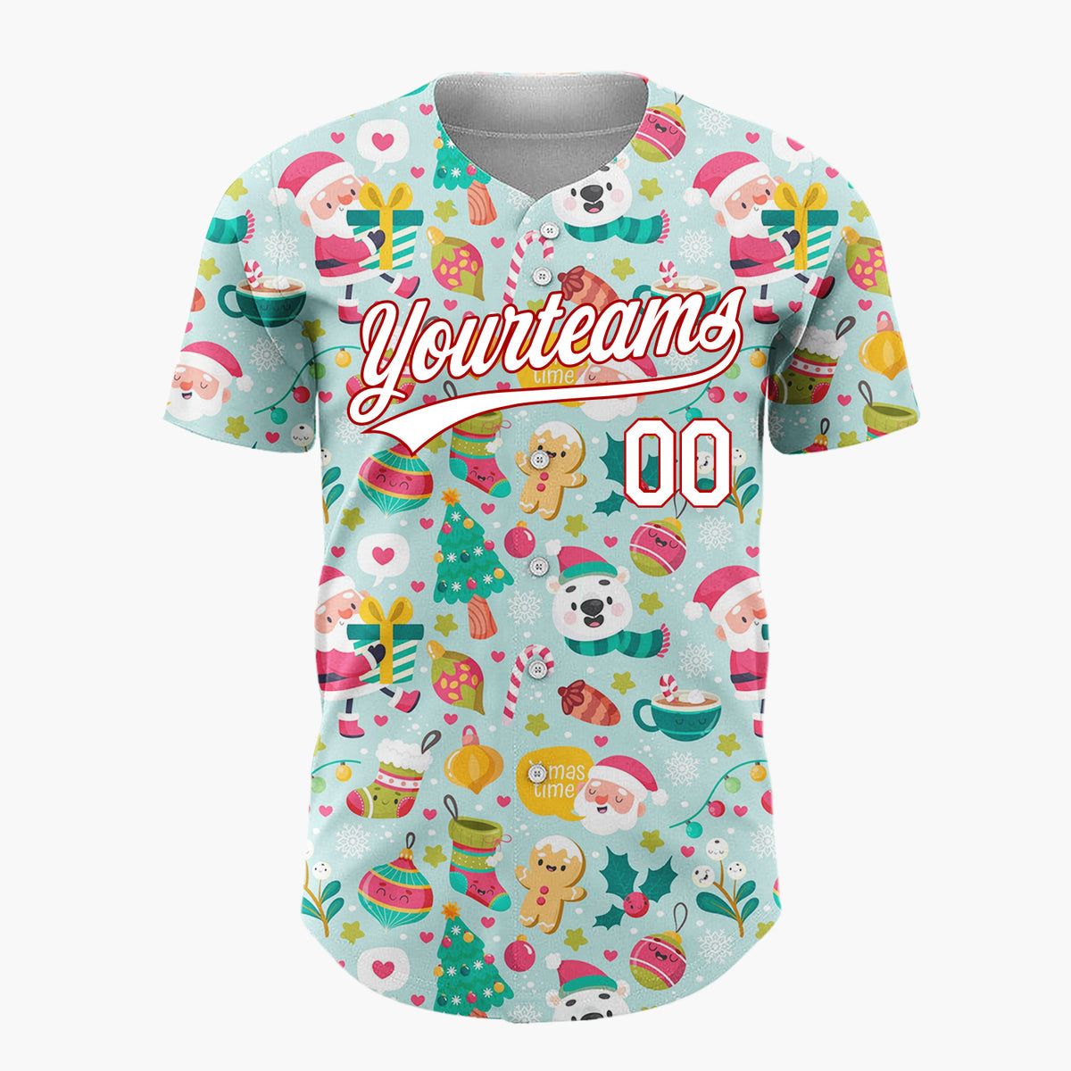 Custom Light Blue Red Green Santa Bears And Snowflakes Cute Whimsical Pattern Christmas Baseball Jersey
