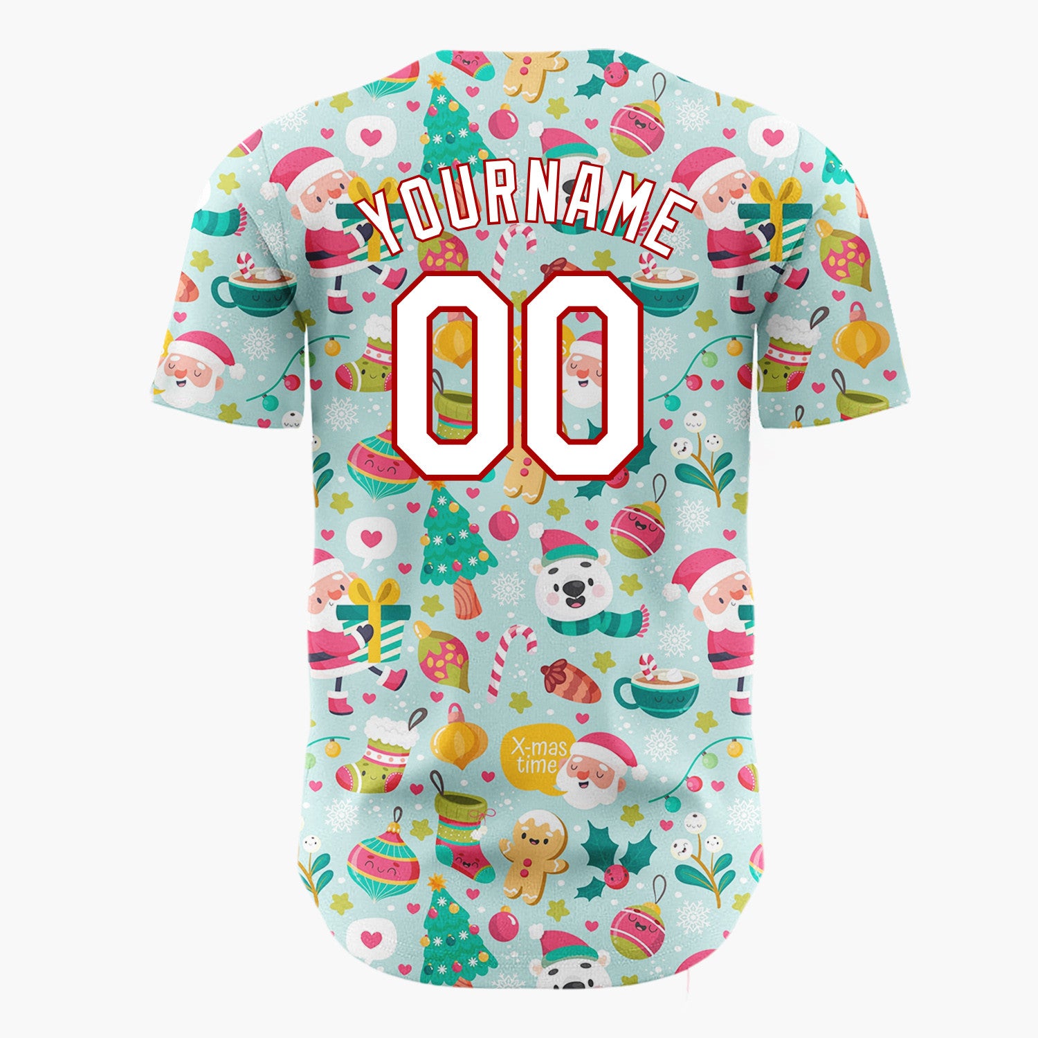 Custom Light Blue Red Green Santa Bears And Snowflakes Cute Whimsical Pattern Christmas Baseball Jersey