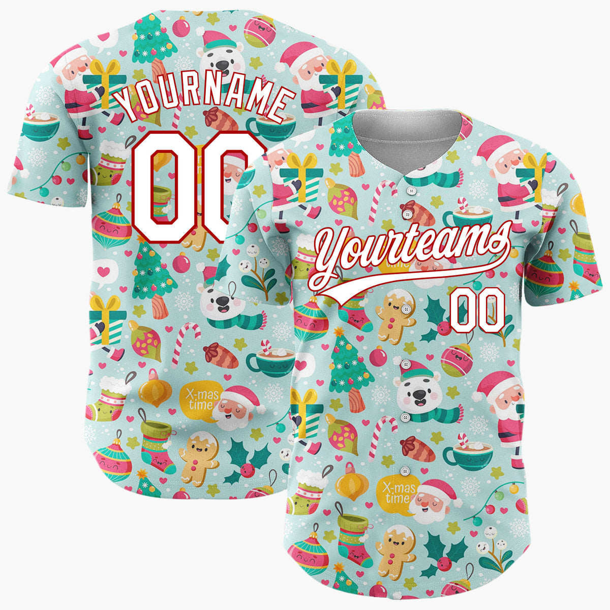 Custom Light Blue Red Green Santa Bears And Snowflakes Cute Whimsical Pattern Christmas Baseball Jersey