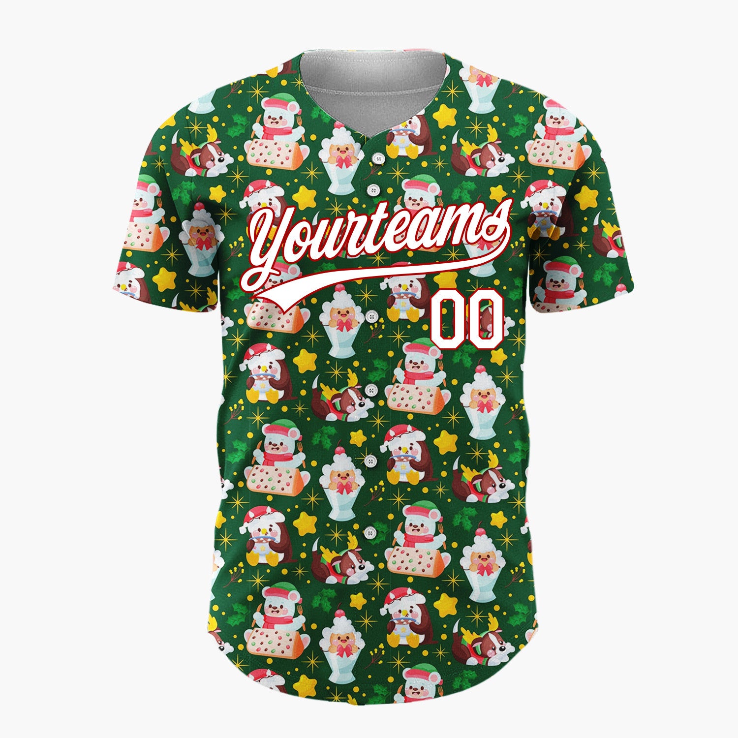 Custom Dark Green Santa Penguin Reindeer Cartoon Pattern Christmas Baseball Jersey