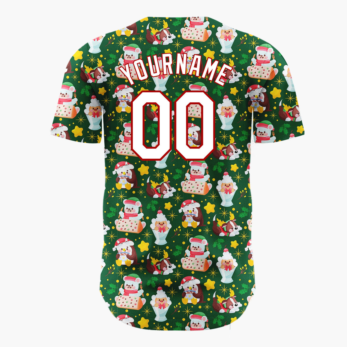 Custom Dark Green Santa Penguin Reindeer Cartoon Pattern Christmas Baseball Jersey