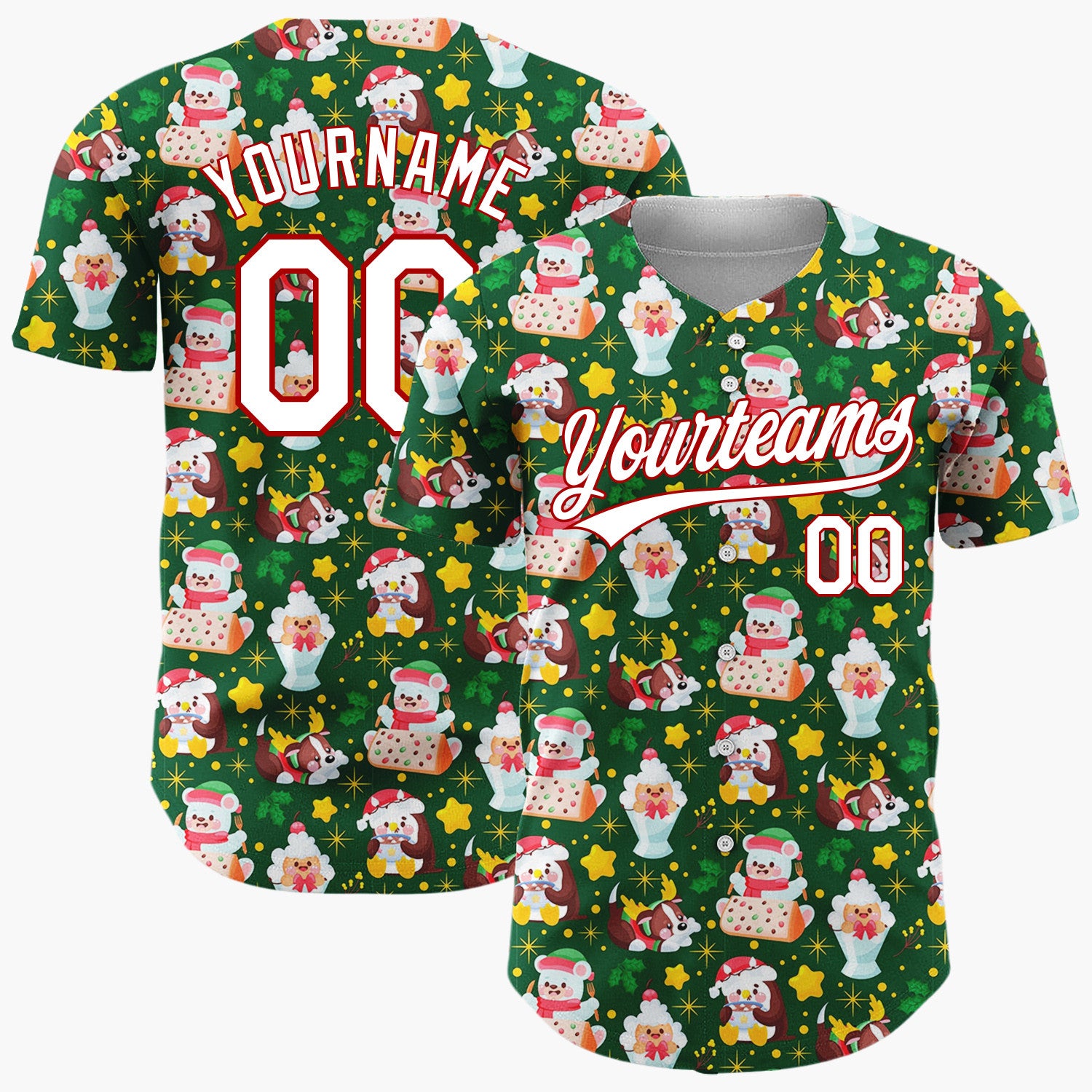 Custom Dark Green Santa Penguin Reindeer Cartoon Pattern Christmas Baseball Jersey