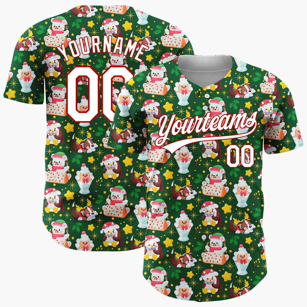 Custom Dark Green Santa Penguin Reindeer Cartoon Pattern Christmas Baseball Jersey