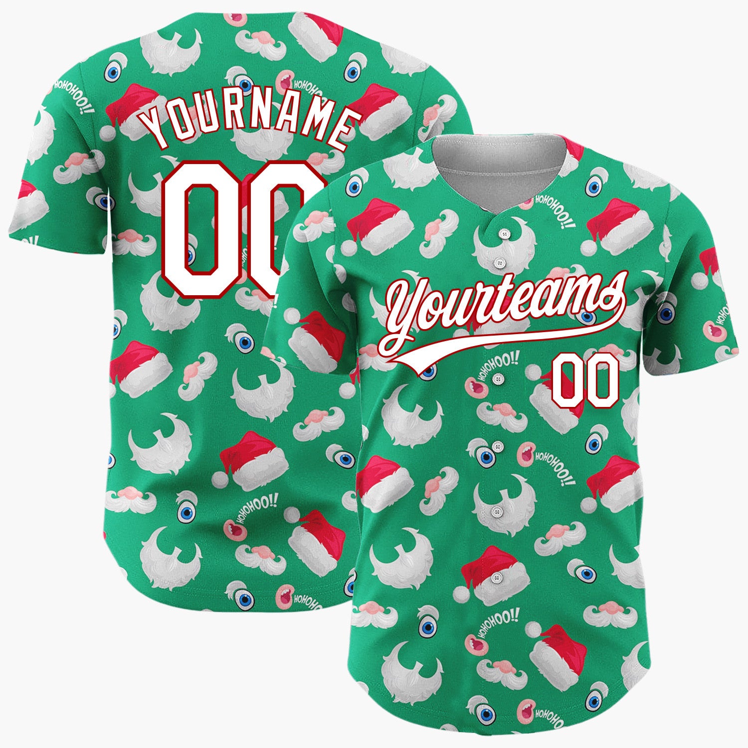 Custom Green Red Santa Hats Beards And Ho Ho Ho Funny Christmas Baseball Jersey