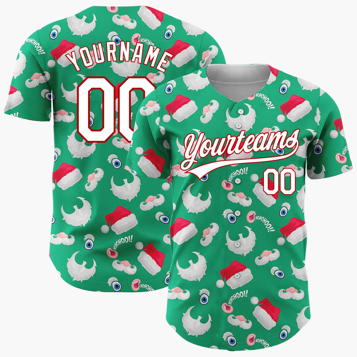 Custom Green Red Santa Hats Beards And Ho Ho Ho Funny Christmas Baseball Jersey
