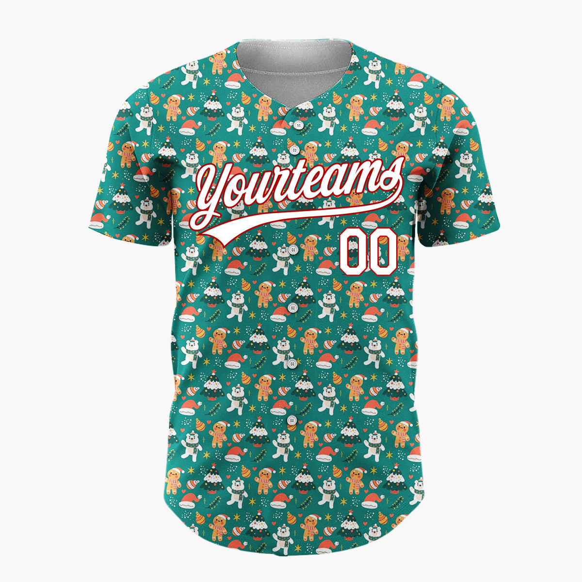 Custom Green Gingerbread Men And Polar Bears Cute Christmas Baseball Jersey