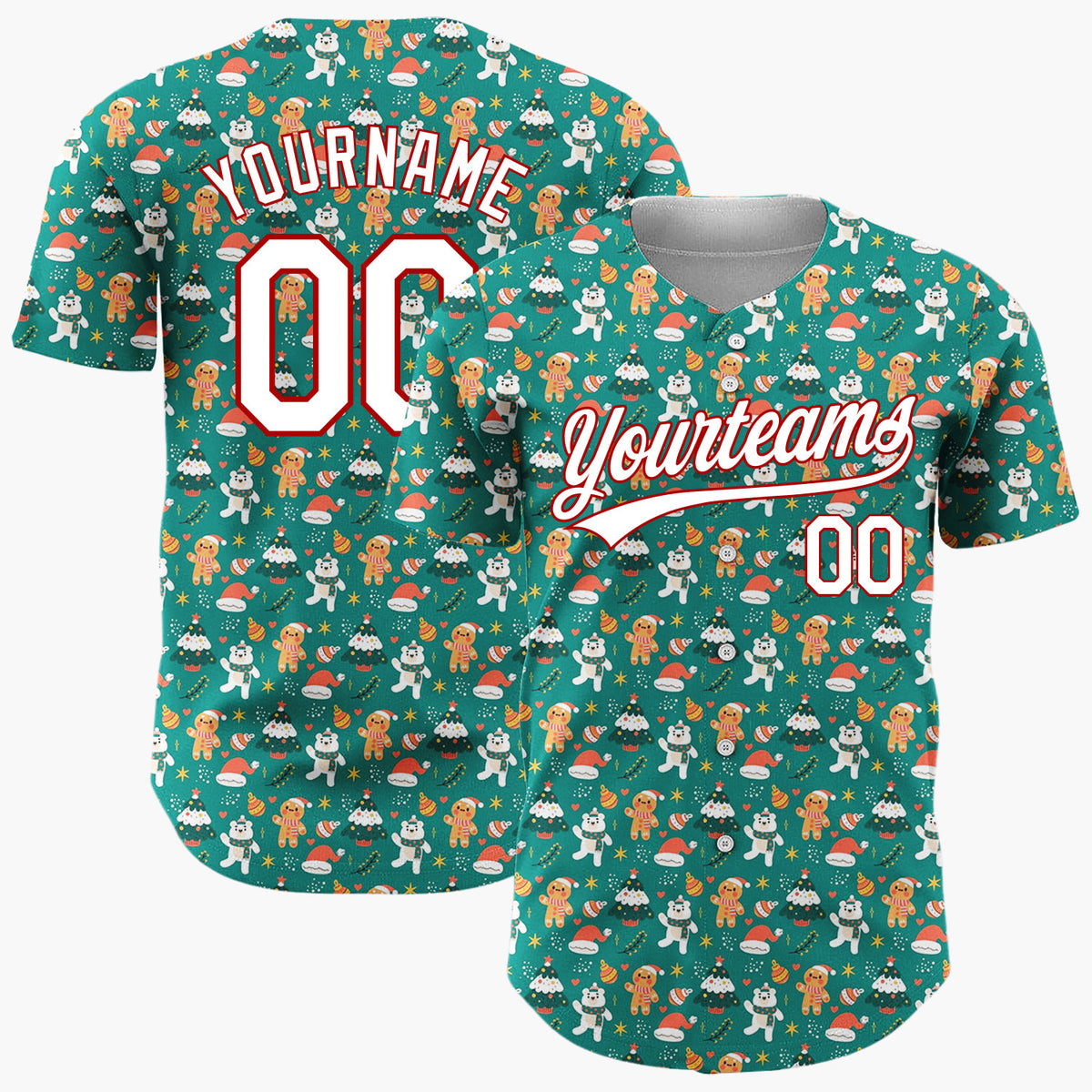 Custom Green Gingerbread Men And Polar Bears Cute Christmas Baseball Jersey