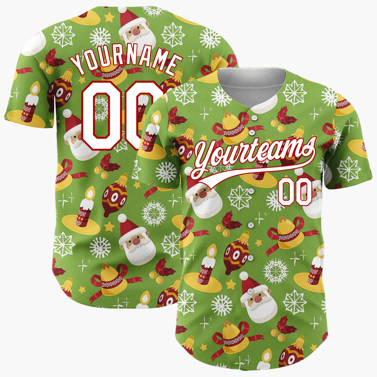Custom Green Santa Gingerbread Festive Doodles Cartoon Pattern Christmas Baseball Jersey