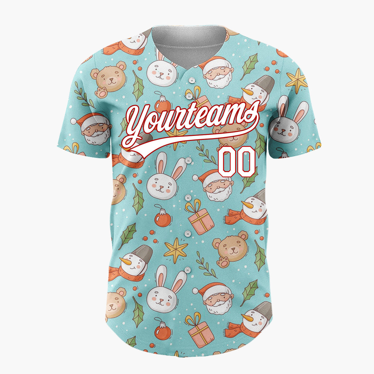 Custom Light Blue Brown White Cute Characters Christmas Baseball Jersey