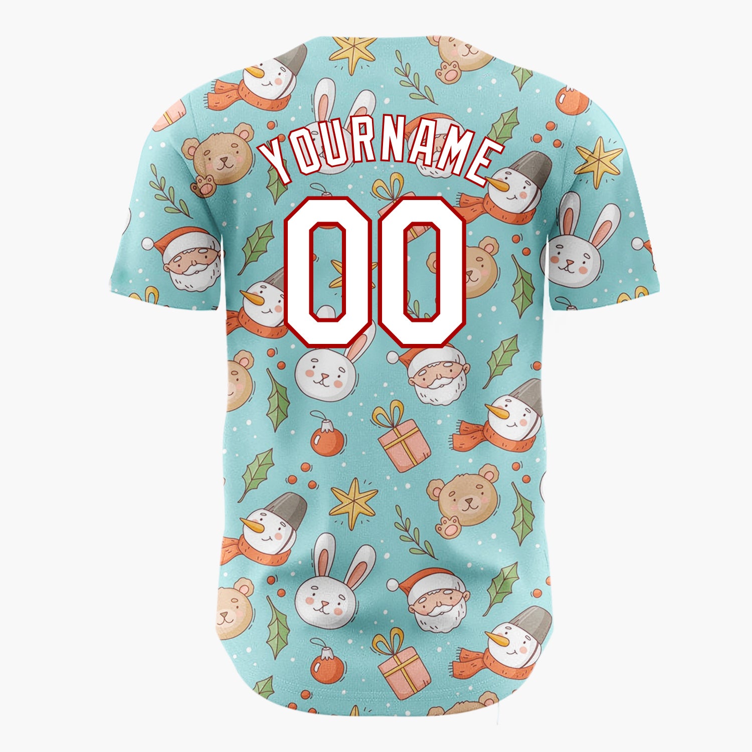 Custom Light Blue Brown White Cute Characters Christmas Baseball Jersey