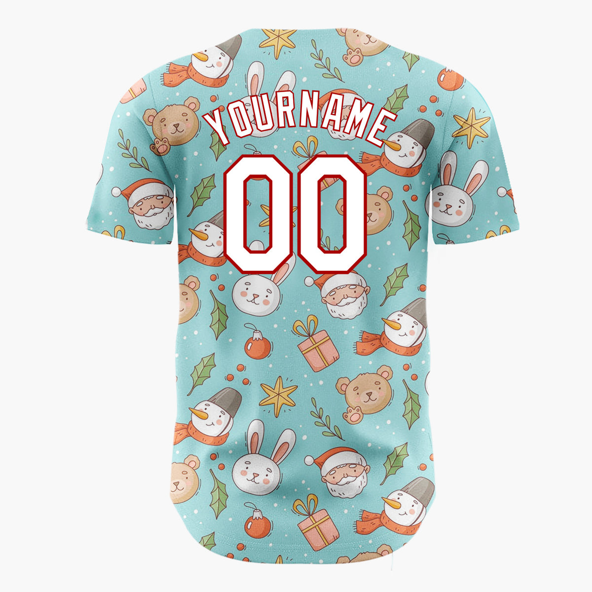 Custom Light Blue Brown White Cute Characters Christmas Baseball Jersey