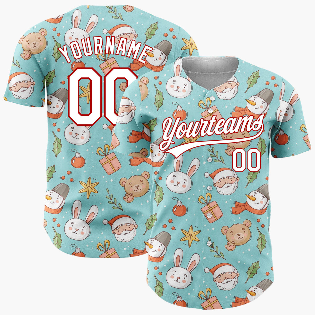 Custom Light Blue Brown White Cute Characters Christmas Baseball Jersey