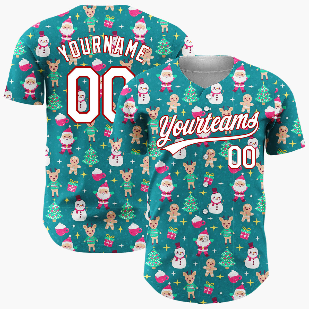 Custom Dark Green Snowman Gingerbread Men Cartoon Pattern Christmas Baseball Jersey