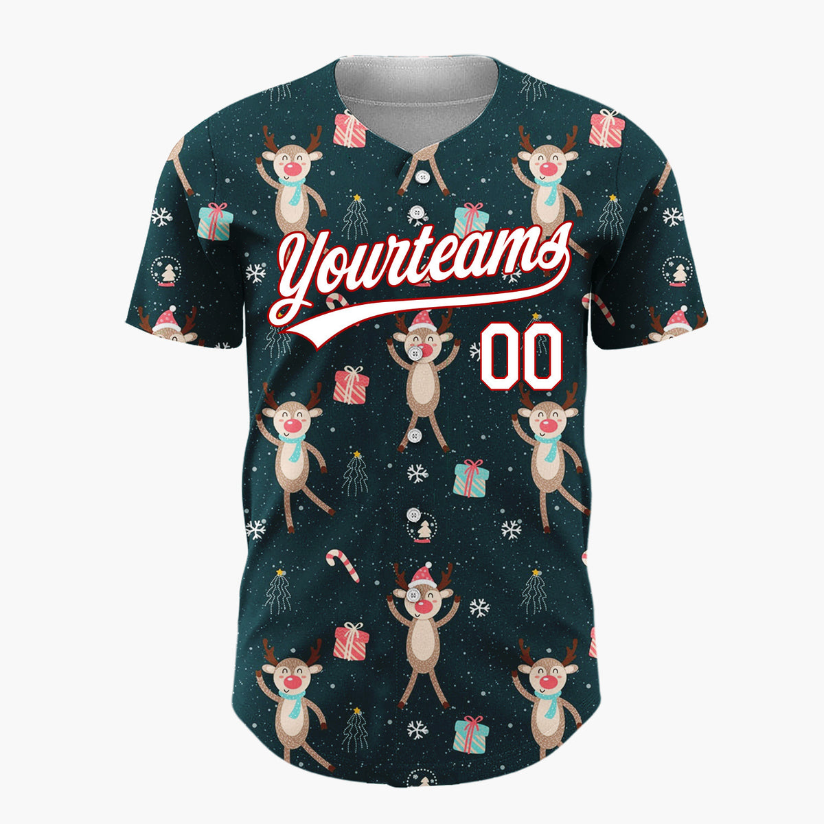 Custom Dark Teal Brown Red Cute Dancing Reindeer Christmas Baseball Jersey