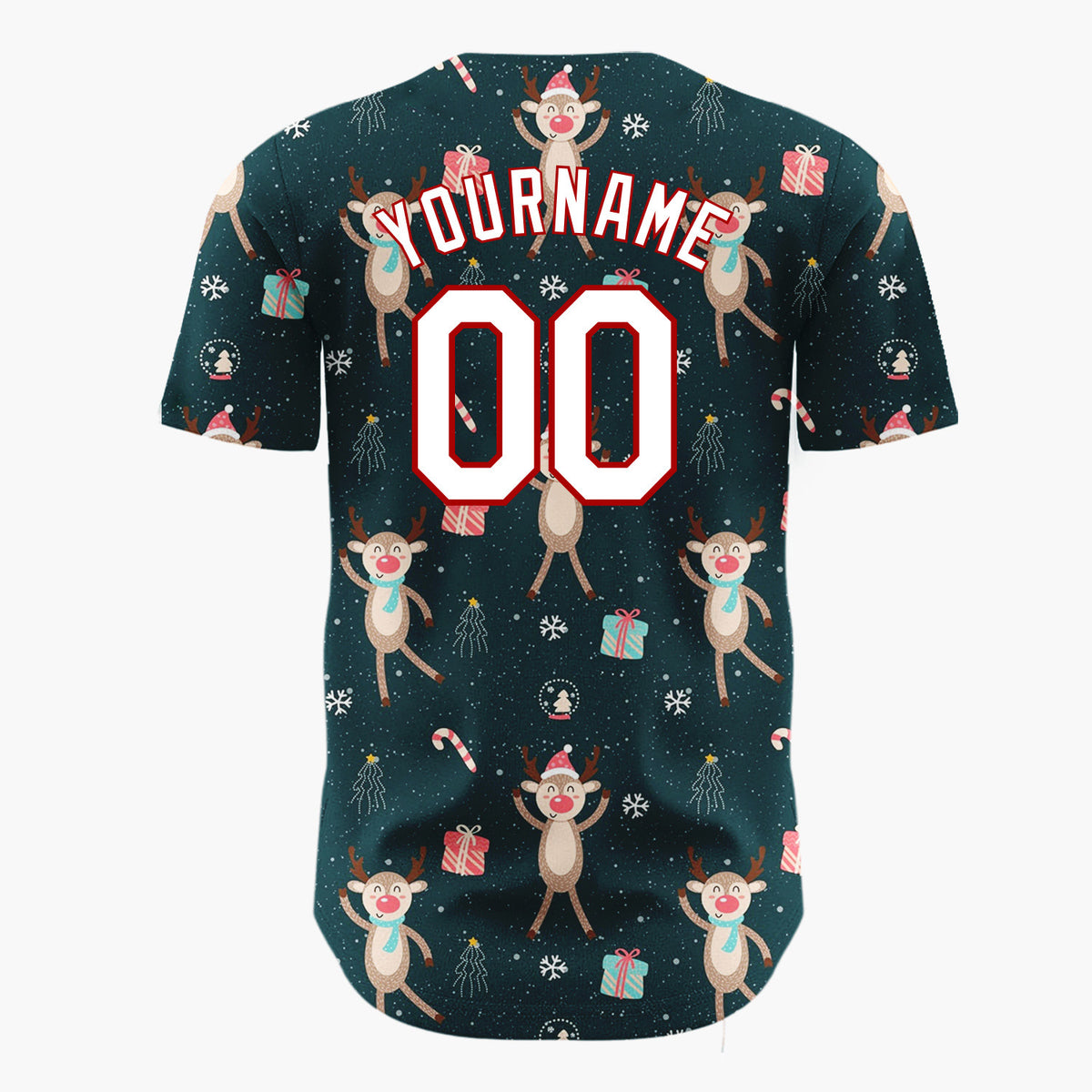 Custom Dark Teal Brown Red Cute Dancing Reindeer Christmas Baseball Jersey