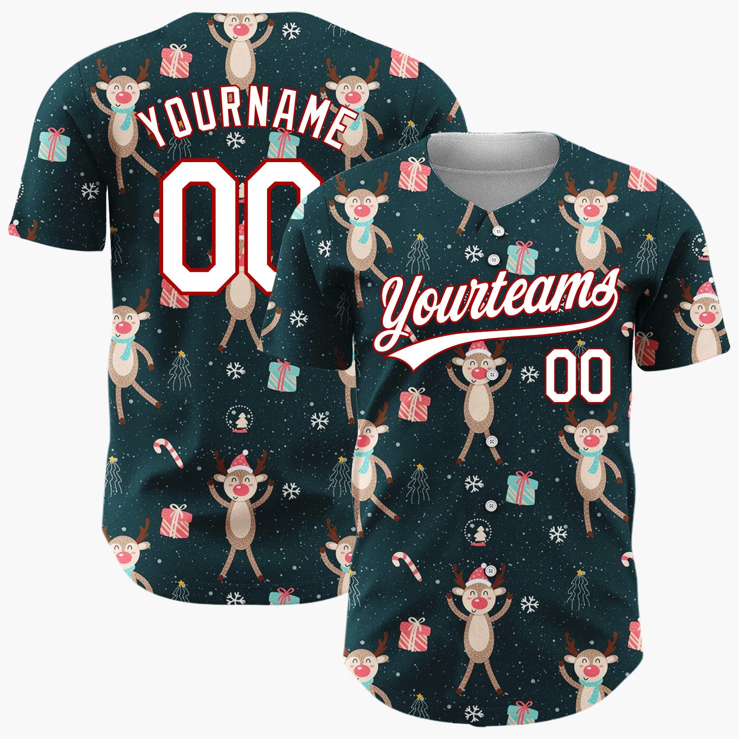 Custom Dark Teal Brown Red Cute Dancing Reindeer Christmas Baseball Jersey