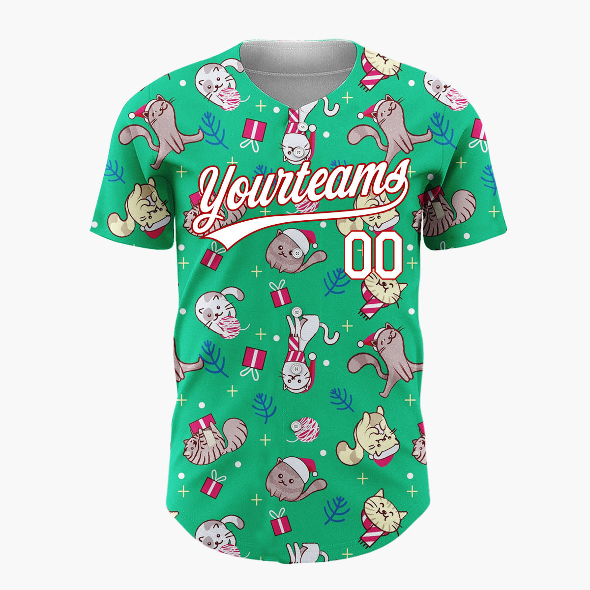 Custom Green Cats Christmas Gifts Playful Holiday Pattern Christmas Baseball Jersey