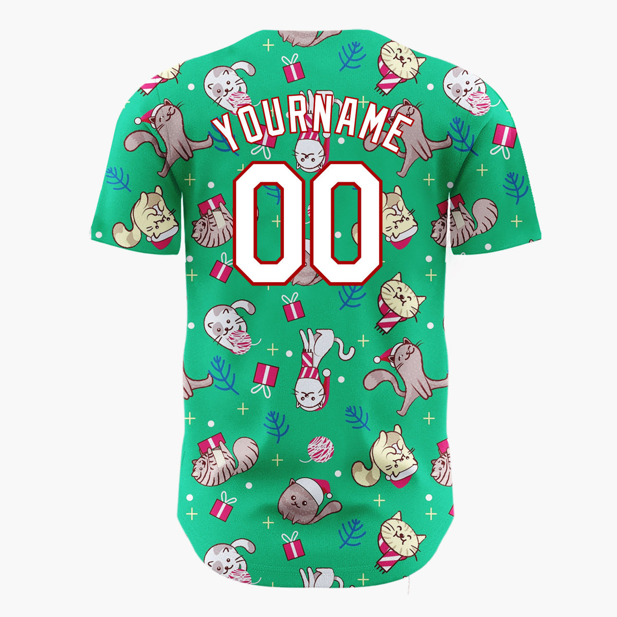 Custom Green Cats Christmas Gifts Playful Holiday Pattern Christmas Baseball Jersey