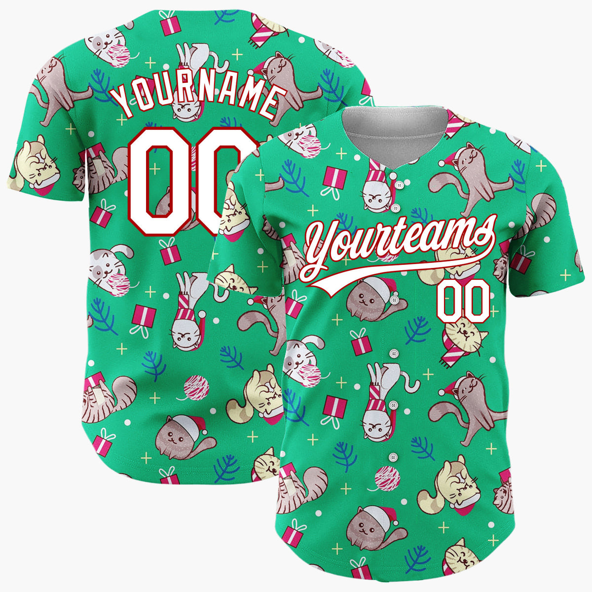 Custom Green Cats Christmas Gifts Playful Holiday Pattern Christmas Baseball Jersey