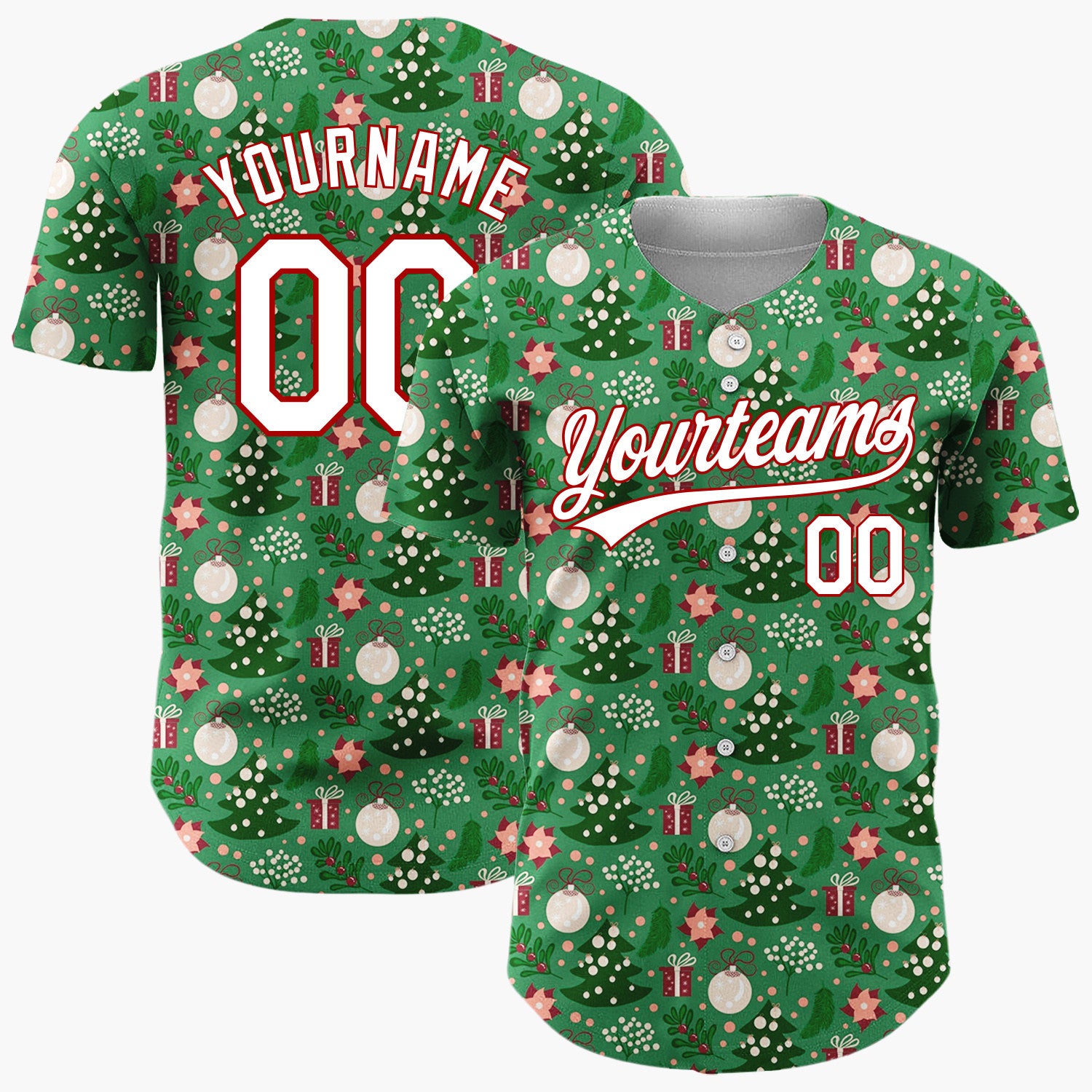 Custom Green Red Cream Trees Gifts And Ornaments Merry Christmas Baseball Jersey