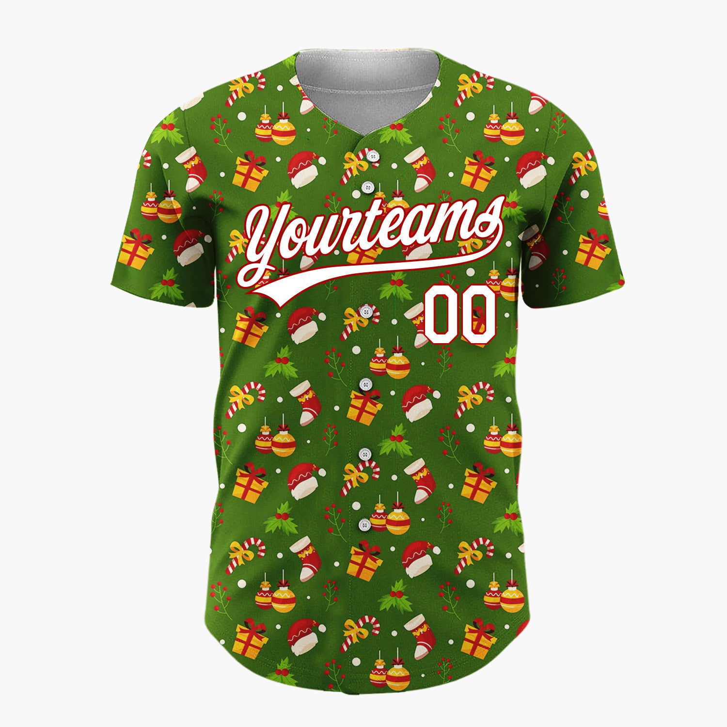 Custom Dark Green Red Yellow Gifts Hats And Candy Canes Holiday Pattern Christmas Baseball Jersey
