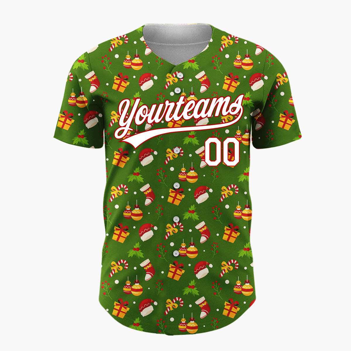 Custom Dark Green Red Yellow Gifts Hats And Candy Canes Holiday Pattern Christmas Baseball Jersey