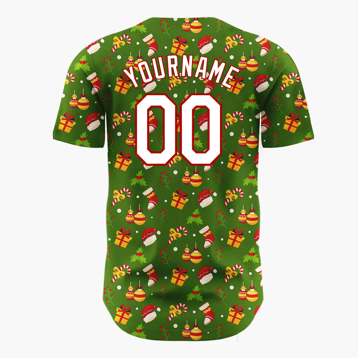 Custom Dark Green Red Yellow Gifts Hats And Candy Canes Holiday Pattern Christmas Baseball Jersey