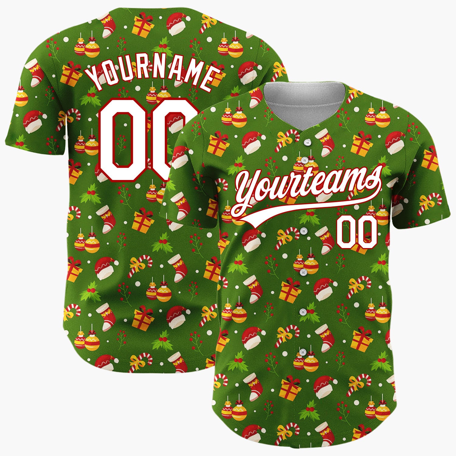 Custom Dark Green Red Yellow Gifts Hats And Candy Canes Holiday Pattern Christmas Baseball Jersey