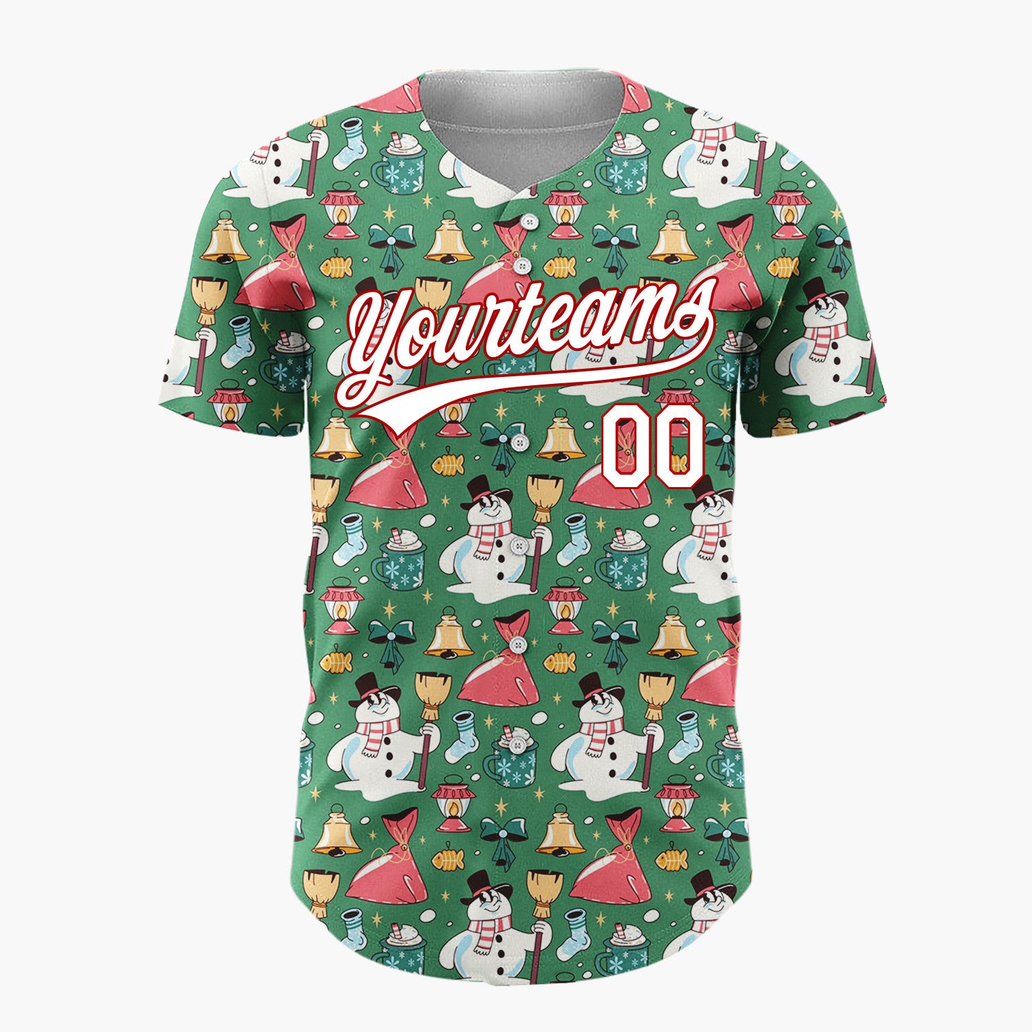 Custom Green Red Yellow Snowmen Bells And Gifts Fun Christmas Baseball Jersey