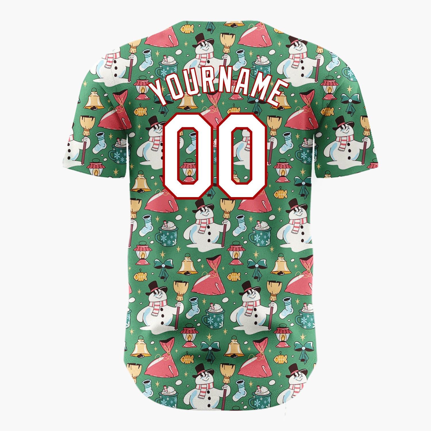 Custom Green Red Yellow Snowmen Bells And Gifts Fun Christmas Baseball Jersey