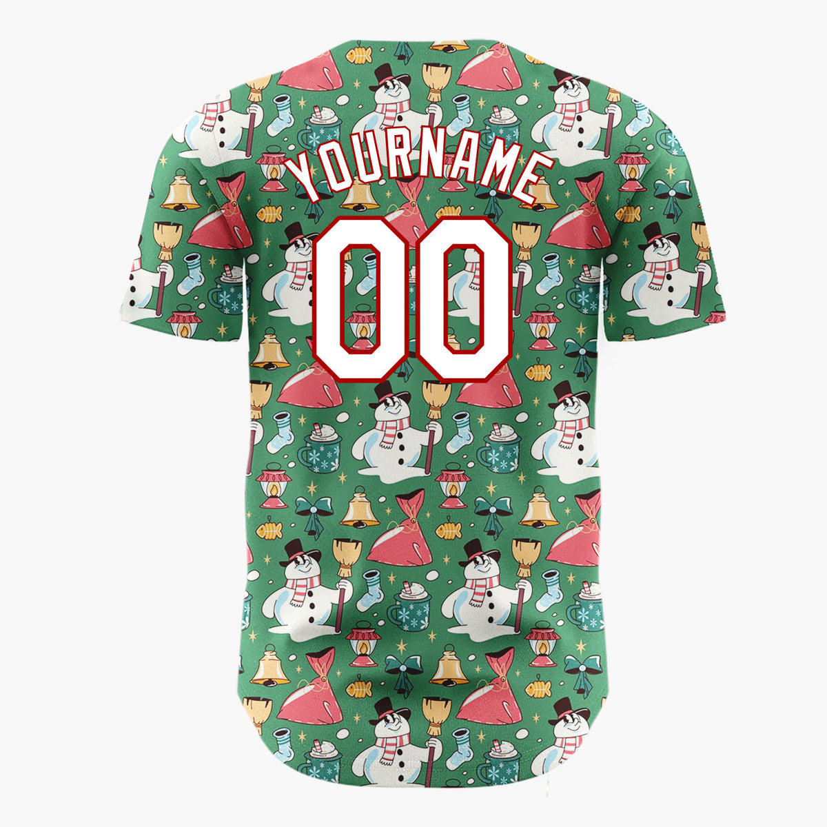 Custom Green Red Yellow Snowmen Bells And Gifts Fun Christmas Baseball Jersey
