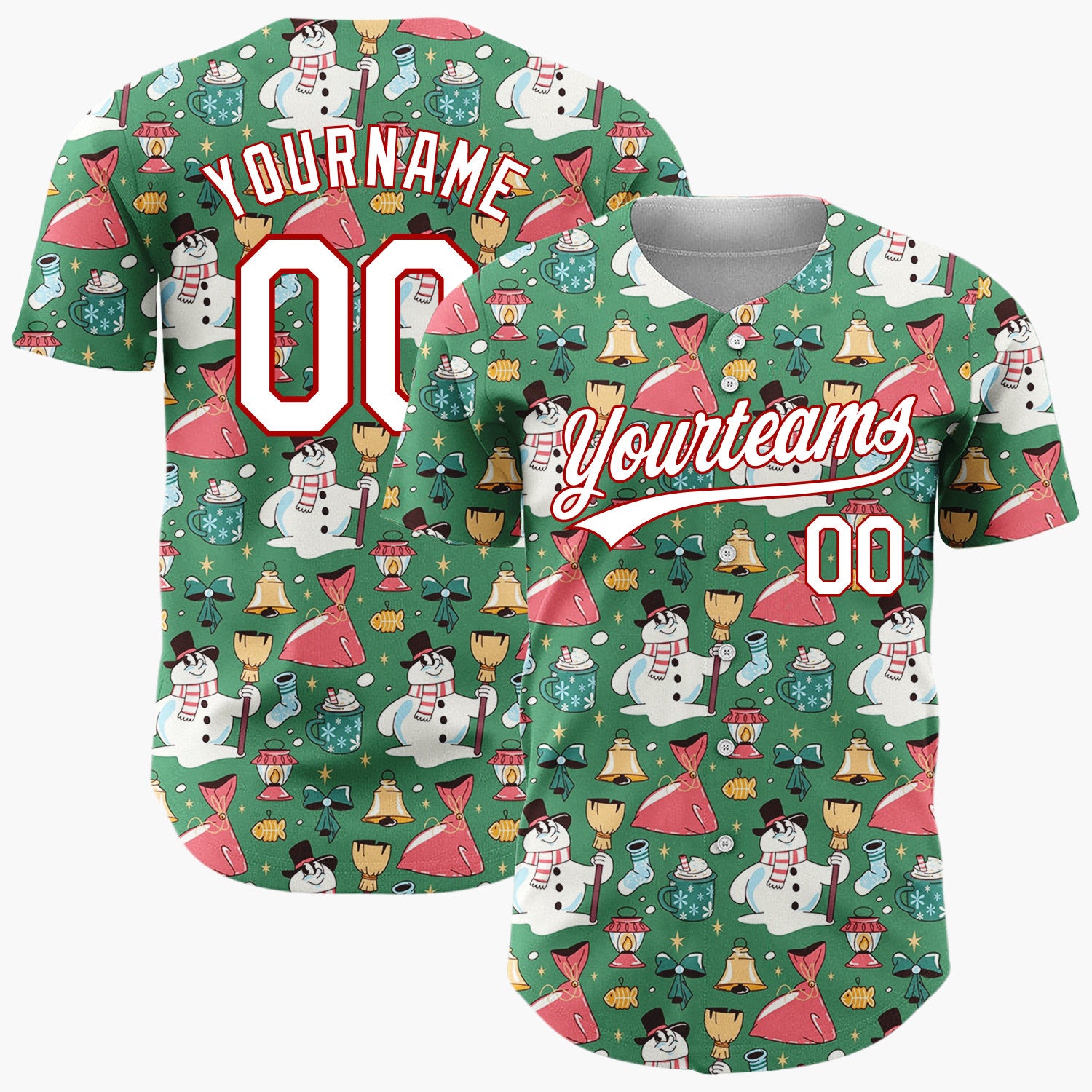 Custom Green Red Yellow Snowmen Bells And Gifts Fun Christmas Baseball Jersey