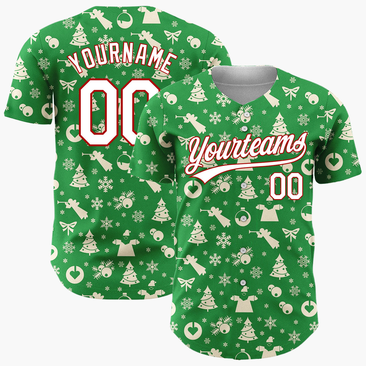 Custom Green Seasonal Icons Simple Christmas Baseball Jersey