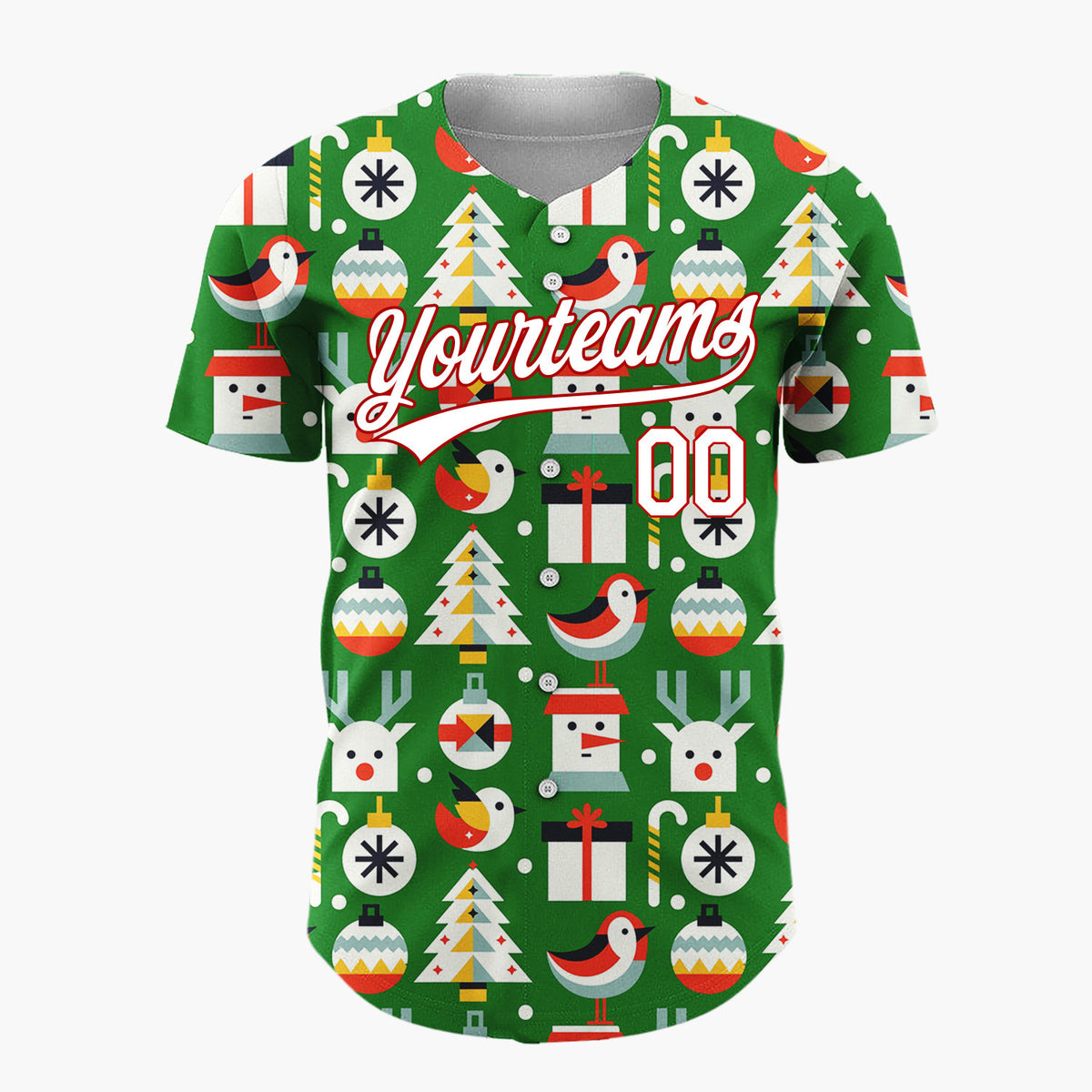 Custom Green Minimalist Santa Reindeer And Bird Geometric Christmas Baseball Jersey