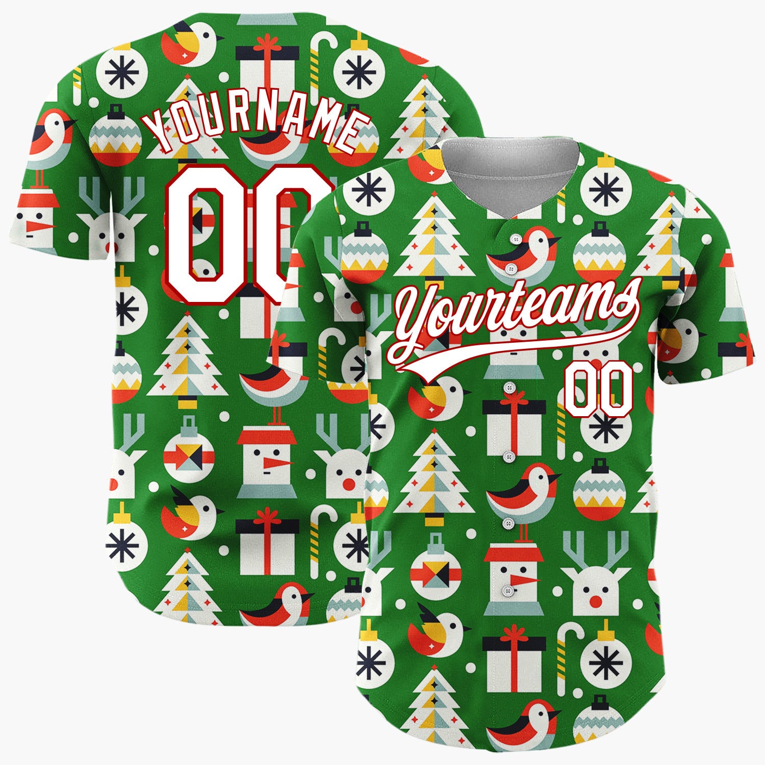 Custom Green Minimalist Santa Reindeer And Bird Geometric Christmas Baseball Jersey