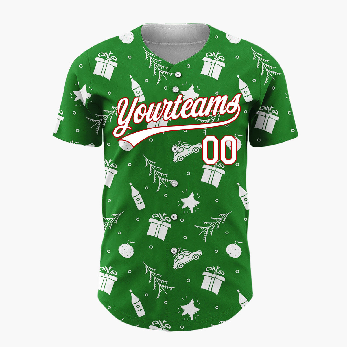 Custom Green Car Gift And Star Doodle Christmas Baseball Jersey