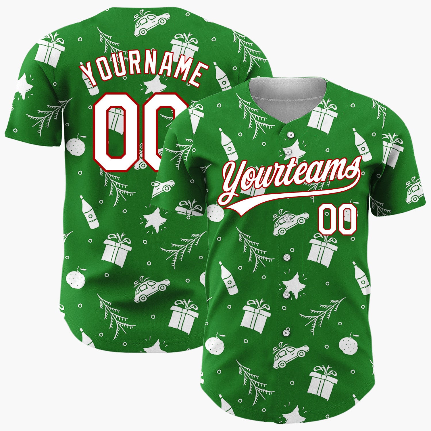 Custom Green Car Gift And Star Doodle Christmas Baseball Jersey