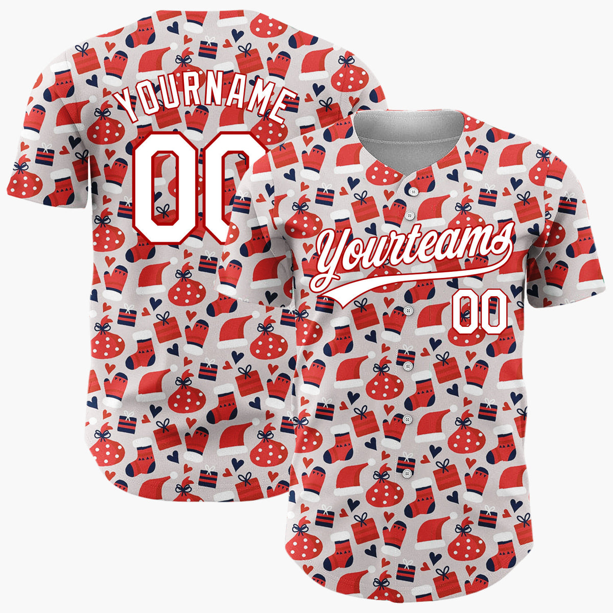 Custom Gray Red Blue Santa Hats Gifts And Stockings Cute Christmas Baseball Jersey